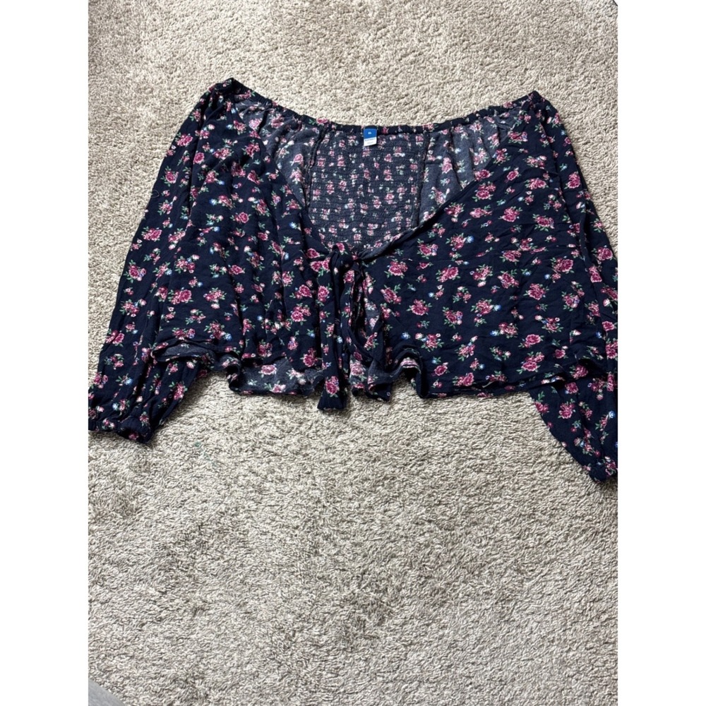 Old Navy Floral Tie Front Crop Top Navy Blue Pink Rose Smocked Back XL